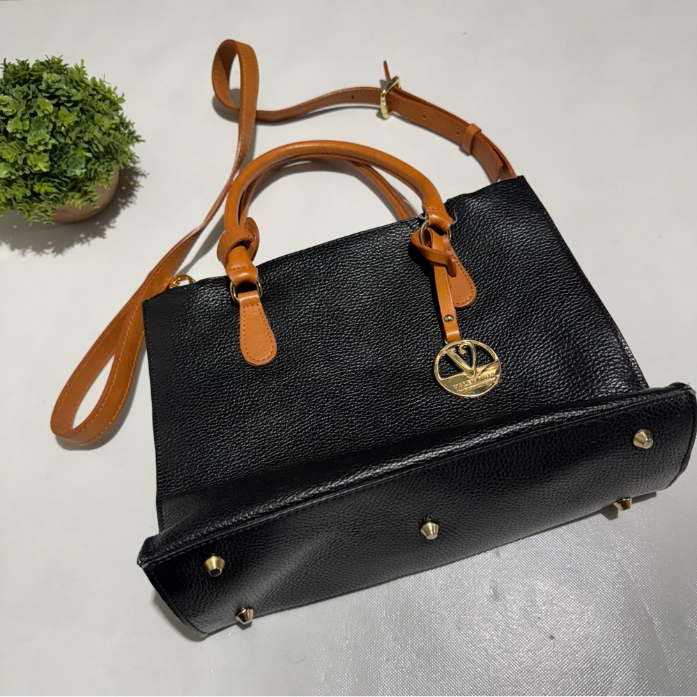 Valentina Black Brown Leather Top Handle Structured Shoulder‎ Bag Purse Tote